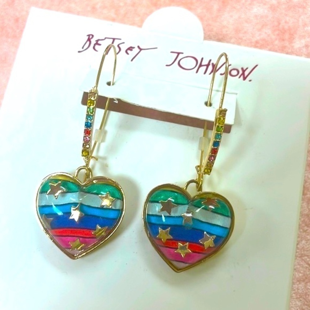 Brand New Betsey Johnson Colorful Striped Heart Gold Tone Drop Earrings